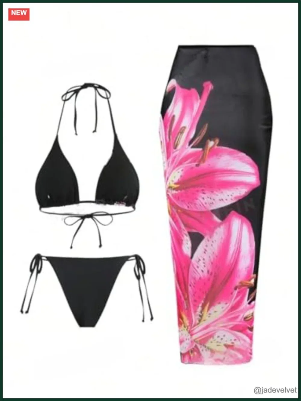 3pc Bikini Set with Sheer Cover Up Skirt Halter Triangle Top Adjustable Fit